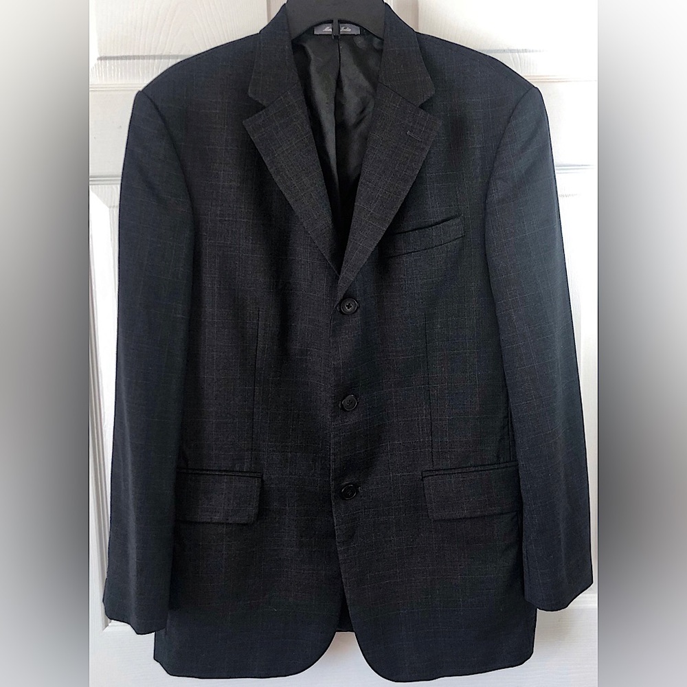 Oscar de la Renta Charcoal Grey Blue Striped Wool Suit Blazer 40R